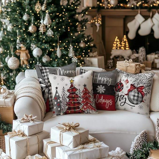 GEEORY Christmas Throw Pillow Covers 18x18 Inch Set of 4, Xmas Trees Merry and Bright Happy Holidays Farmhouse Decorative Cushion Cases for Home Decoration G632-18