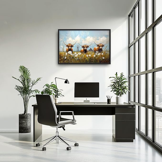 Flintis Large Highland Cow Barn Framed Wall Art Farmhouse Highland Cattle Daisy Pictures Wall Decor Abstract Canvas Painting Print Artworks Framed for Living Room Bathroom Master Bedroom 36L X 24W