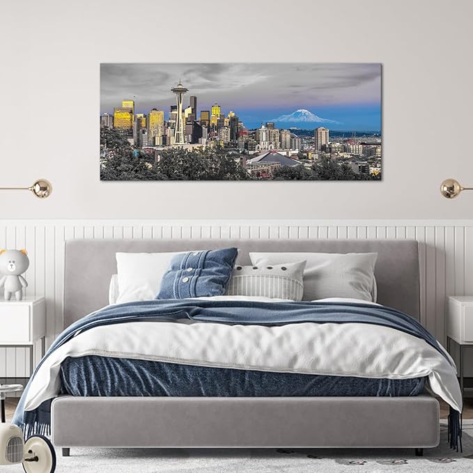Fochorlo Seattle Wall Art City Skyline Picture Black and White Blue Wall Decor For Bedroom Living Room Office Gallery Wrapped 20"x48"