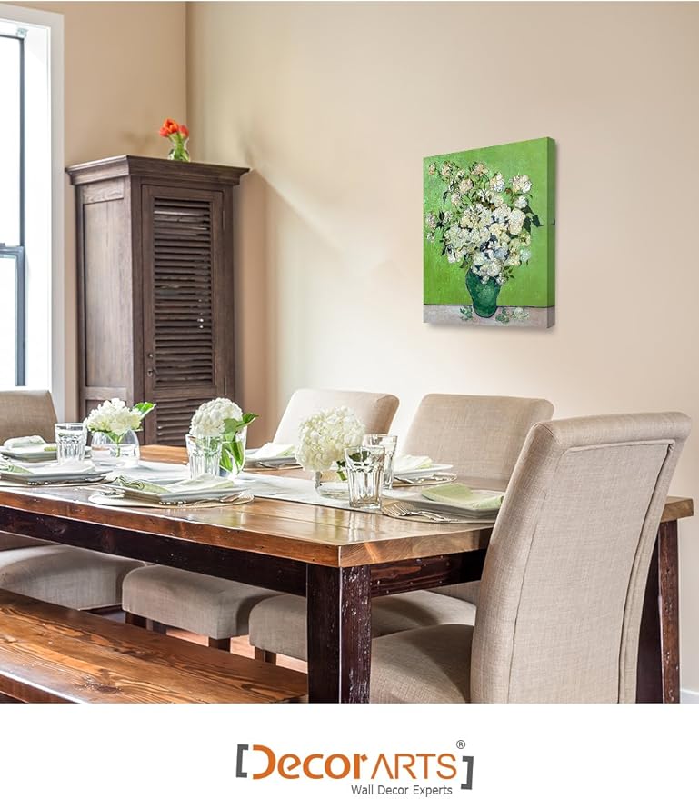 DECORARTS - Pink Roses in a Vase, Vincent Van Gogh Art Reproduction. Giclee Canvas Prints Wall Art for Home Decor 20x16