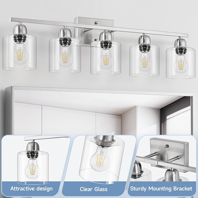 Bathroom Light Fixtures Brushed Nickel, 5 Light Bathroom Vanity Light Over Mirror, Vanity Lights with Clear Glass, E26 Socket