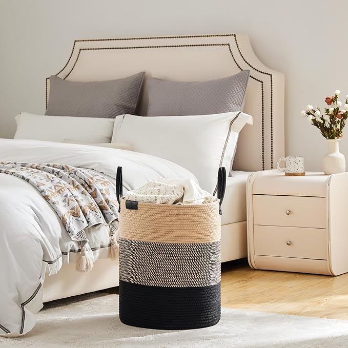 VIPOSCO Tall Laundry Basket, Large Dirty Clothes Hamper with Leather Handle, Woven Rope Storage Basket for Blanket, Toy In Living Room, Bathroom, Bedroom - 53L Brown & Black