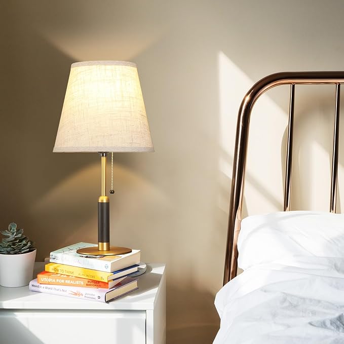 18.9" Bedside Lamps Set of 2 Small Vintage Table Lamp for Bedroom Nightstand Lamp for Living Room 3-Color Temperatures Pull Chain Wood Fabric for Home Office Dorm Decor (Light Brown+Brass)