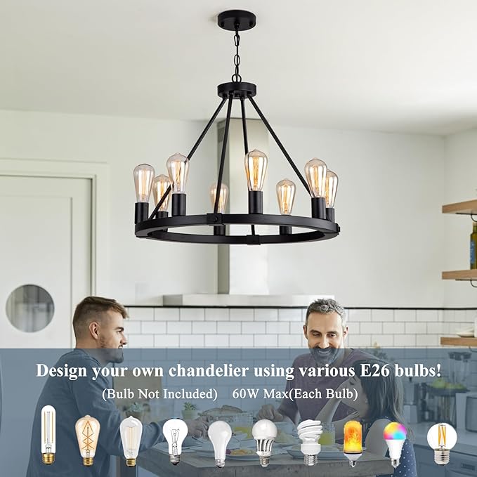 9MMML 23.6" 8 Lights Wagon Wheel Chandelier,Black Metal Round Industrial Vintage Kitchen Island Pendant Light for Living Dining Room Foyer Entryway,Height Adjustable,E26.