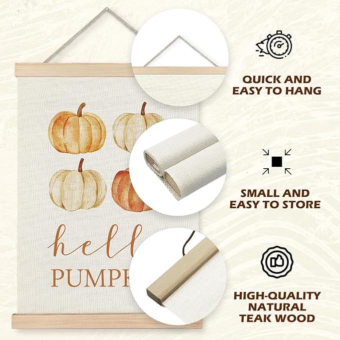 Supwhd Hello Pumpkin Fall Leaf Wall Art with Wooden Poster Hanger, Fall Wall Decor, Fall Posters, Farmhouse Fall Autumn Harvest Thanksgiving Wall Art Decor, Fall Home Decor, 12x16 Set of 2