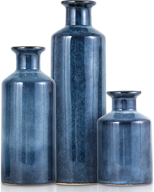 Blue Ceramic Vase Set of 3 Small Vases, Modern Farmhouse for Home Decor Bottles, Rustic Terracotta Vase Decorative Vases for Table,Fireplaces Decor, Bookshelf, Living Room