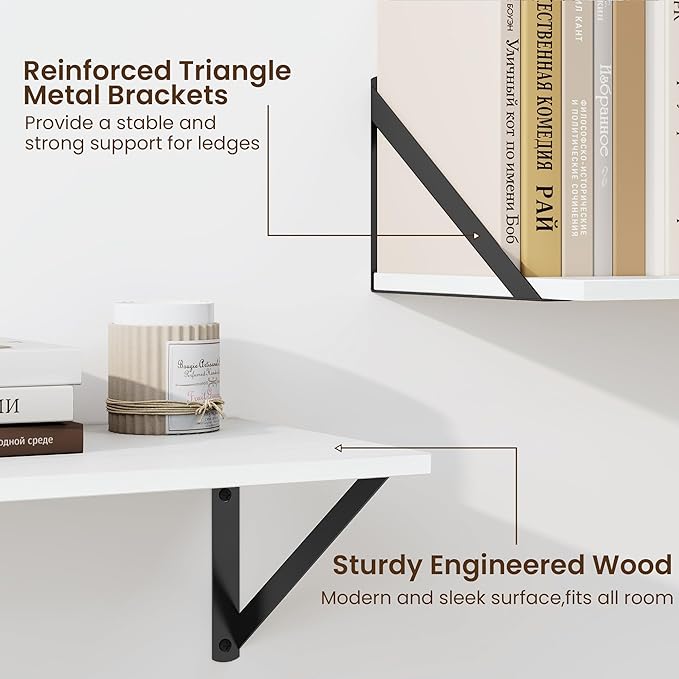 Fun Memories Deep Floating Shelves for Wall, 48W x 8D Wall Mounted Shelves Set of 2, Wide Display Ledge Shelf with Sturdy Metal Brackets for Living Room, Bathroom, Bedroom and Kitchen, White