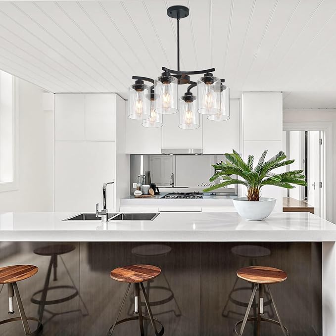 6-Light Modern Farmhouse Black Chandeliers for Dining Room,20.8" Kitchen Island Black Chandelier Over Table,Adjustable Height Hanging Pendant Lights,Clear Glass Shade Ceiling Light Fixture