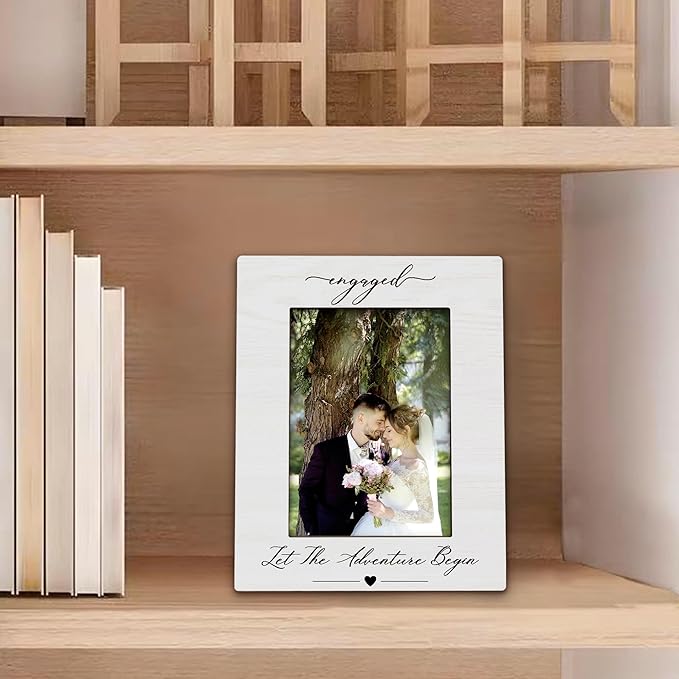 Engagement Picture Frame 5x7, Wedding Photo Frame, Just Engaged Married Gifts for Couples Bride Groom, Engaged Let the Adventure Begin Wooden Picture Photo Frames for Desk Home Room Decor