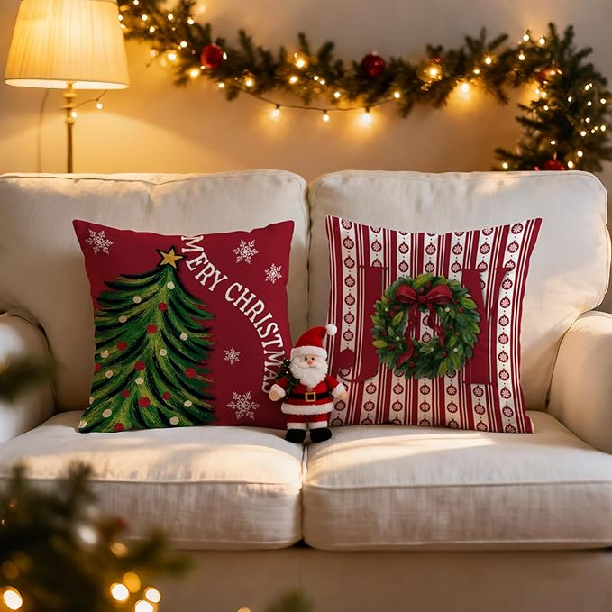 Christmas Pillow Covers 18x18 inch Set of 4, Holiday Winter Outdoor Red Plaid Vintage Tree Snowflake Xmas Snowman Farmhouse Burgundy Seasonal Burlap Decorations for Sofa Couch