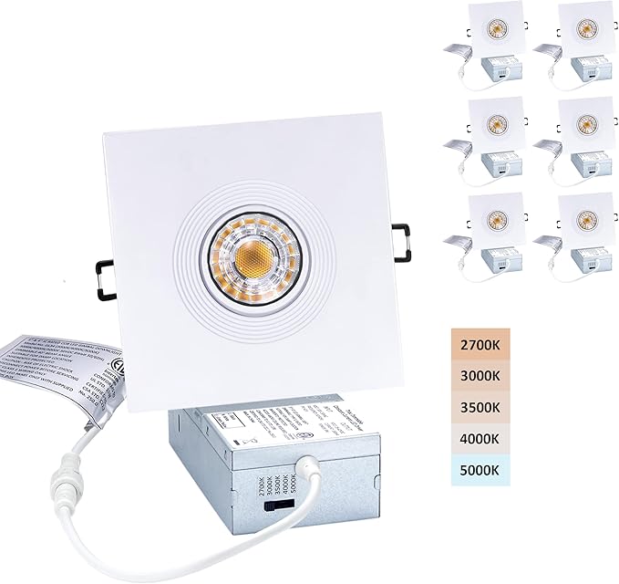 Canless Recessed Gimbal Downlight Rotatable-Spotlight 5 CCT 4 Inch Eyeball Ceilling Potlight, Dimmable Lights Fixture with Junction Box, 8W CCT Adjustable, White Square Trim, with Baffle, 6P