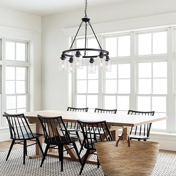 6-Light 24" Modern Farmhouse Chandeliers for Dining Room,Wagon Wheel Black Chandelier,Adjustable Height Hanging Round Pendant Lights for Kitchen Island Clear Glass Shade Ceiling Light fixtures