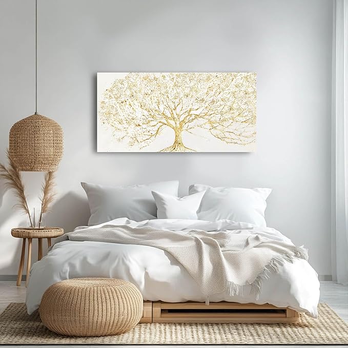 GAIDUOMAI Modern Abstract Tree Painting on White Background Gold Minimalist Art work for Bedroom Office Posters Entryway Wall Decor 24x48 Inch