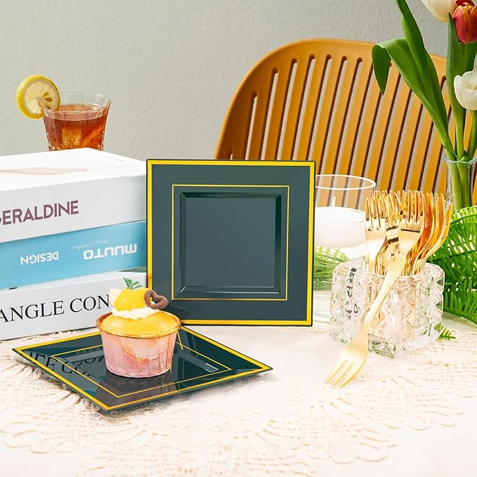 WDF 200PCS Green and Gold Plastic Dessert Plates with Plastic Forks -6’’ 100 Square Disposable Appetizer Plates Small Plates Cake Plates with Gold&100 Green Small Appetizer Forks for St. Patrick’s Day