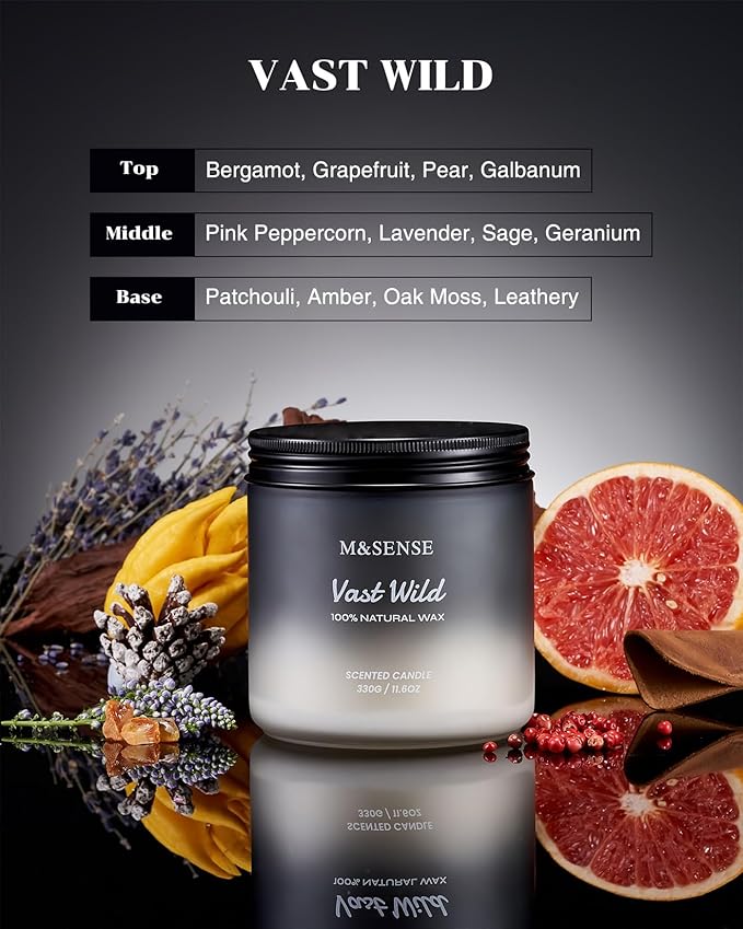 M&SENSE Sage Citrus Scented Candles for Men, 2 Wick 11.6oz Slow Burning 70 Hours Large Natural Soy Wax Black Candle Luxury Manly Scented Home Fragrance Holiday Gift for Him