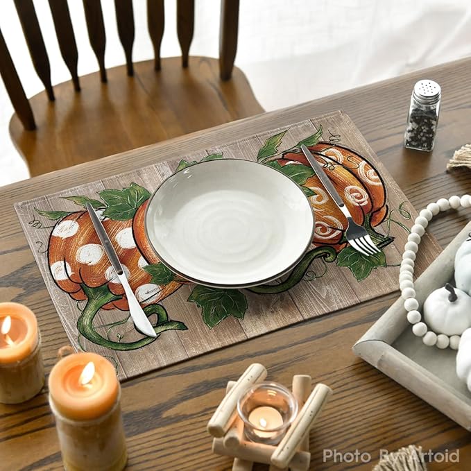 Artoid Mode Wood Polka Dot Pumpkins Fall Placemats Set of 6, 12x18 Inch Seasonal Table Mats for Table Runner Party Kitchen Dining Decoration