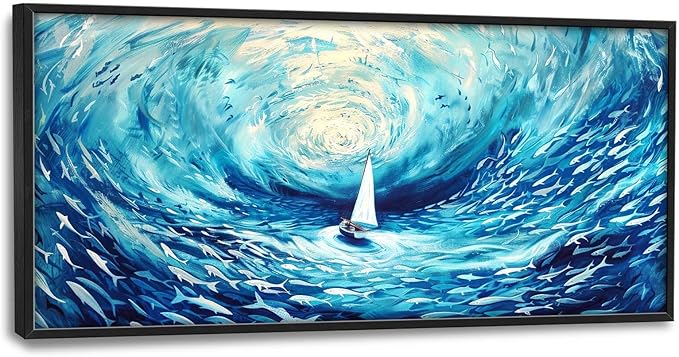 Sailboat Large Framed Wall Art Blue Sea Ocean Pictures Abstract Marine Nautical Fish Oversized Wall Decor Canvas Print Painting Aesthetic Modern Artwork for Living Room Bedroom Office Bathroom Home Decor 60L"x30W"