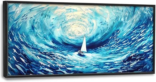 Sailboat Large Framed Wall Art Blue Sea Ocean Pictures Abstract Marine Nautical Fish Oversized Wall Decor Canvas Print Painting Aesthetic Modern Artwork for Living Room Bedroom Office Bathroom Home Decor 60L"x30W"