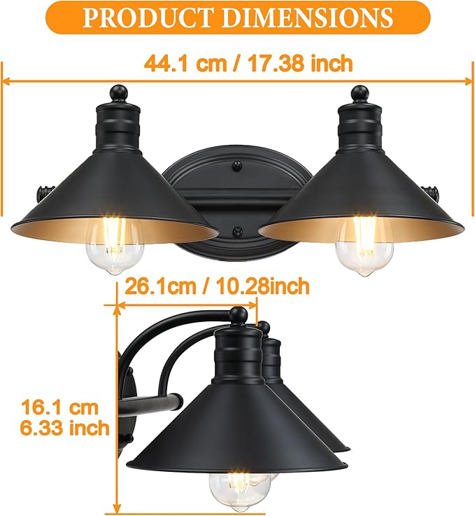 2 Light Bathroom Vanity Light Over Mirror - Black and Gold Farmhouse Wall Light for Bathroom Vanity Powder Room, Rustic Gooseneck Barn Style 2 Bulb Wall Sconce Over Kitchen Sink