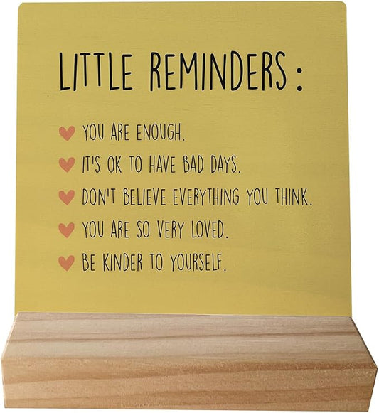 Inspirational Wooden Sign - Mental Health for College Girls, Self Love, Little Reminders Office Decor, Back to School Gift for College Students (Yellow)
