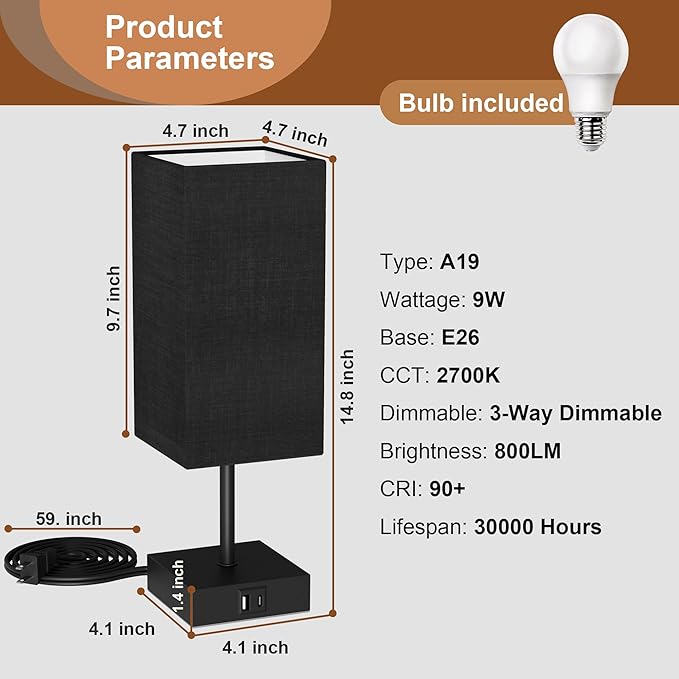 Sailstar Table Lamp for Bedroom, 3 Way Dimmable Touch Bedside Lamp, Small Lamp with 2 USB C+A Charging Ports, Black Nightstand Lamps for End Table, Living Room, Desk, Bulb Included