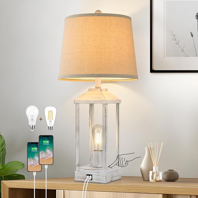 28" Bedside Table Lamp for Living Room, 3-Way Dimmable Touch Control Retro Nightstand Desk Lamp with 2 Light, White Rustic Farmhouse Lamp with USB Ports for Bedroom, Home, Office, 2 Bulbs Included