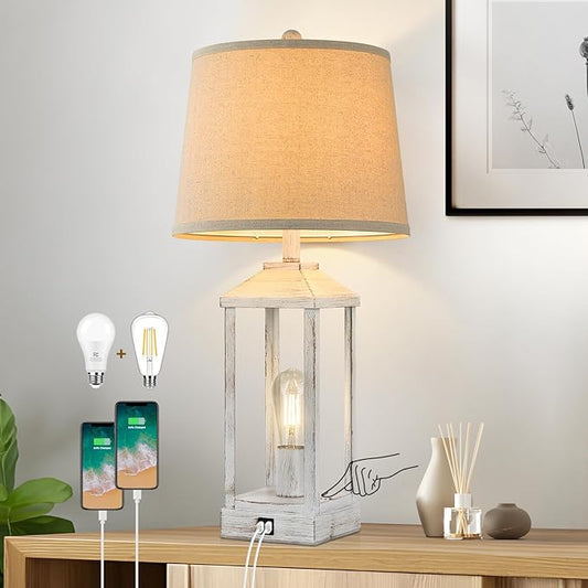 28" Bedside Table Lamp for Living Room, 3-Way Dimmable Touch Control Retro Nightstand Desk Lamp with 2 Light, White Rustic Farmhouse Lamp with USB Ports for Bedroom, Home, Office, 2 Bulbs Included