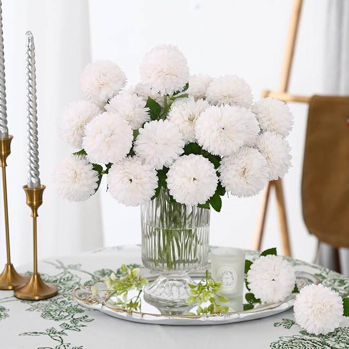 Floweroyal 24pcs Artificial Chrysanthemum Ball Flowers, Fake Mums Silk Hydrangea Bridal Wedding Bouquet for Home Garden Party Office Coffee House Decoration (White)
