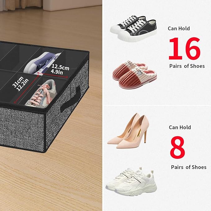 Onlyeasy Sturdy Under Bed Shoe Storage Solution Organizer For Closet Fit 16x2 Pairs, Underbed Shoes Container Bags with Reinforced Handles, Breathable, Linen-like Black, MXAUBS16P2