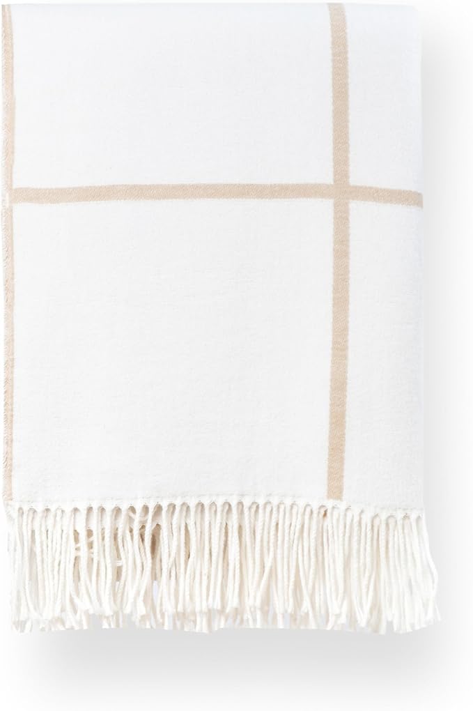 Hofdeco Premium Coastal Decorative Throw Blanket for Patio Couch Sofa, Neutral Tan Plaid with Fringe, 52"x71"