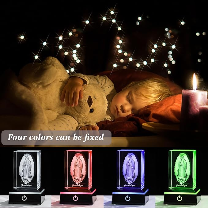 Movdyka 3D Virgen De Guadalupe Statues Decorations Religious Gifts for Women Laser Etched Crystal Our Lady of Guadalupe The Blessed Virgin Mary Glass Statues with Colorful LED Base