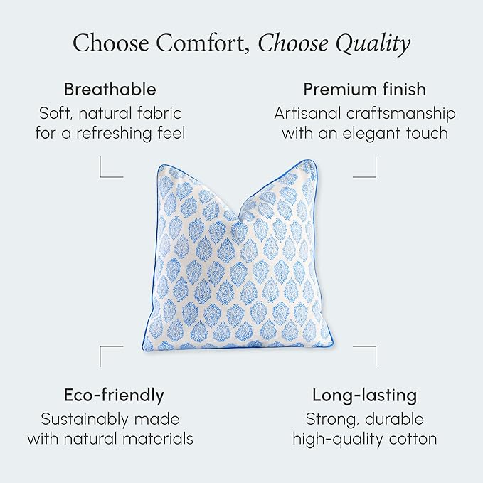 CPC 100% Cotton Throw Pillow Covers 20x20 Inch, Set of 2 Green Block Print Pattern Couch Pillow, Cute Boho Decorative Pillows for Living Room, Bedroom with Hidden Zipper- Royal Blue