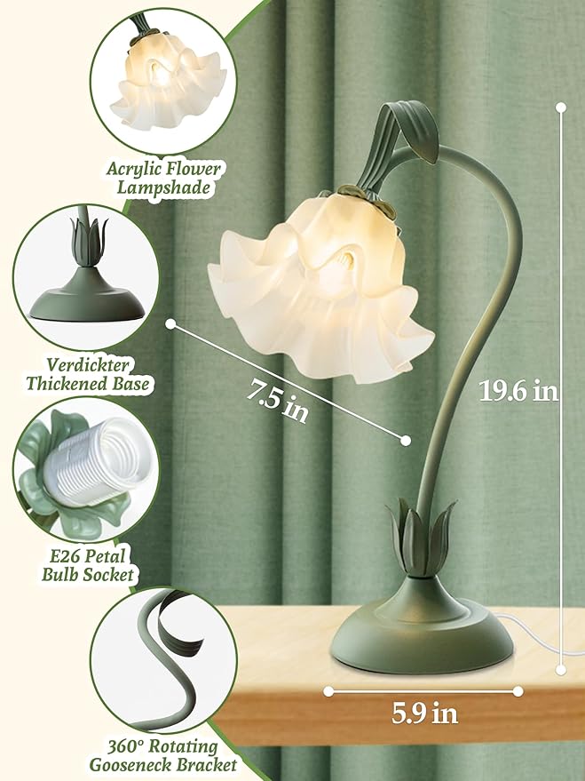 Flower Table Lamp Bedside Lamps LED Reading Light,3 Color Modes Cute Small Lamp,Vintage Flower Lamp Nightstand Lamp Kawaii Table Lamp for Bedroom Living Room Office Dorm Desk Home Decor(Green lamp)