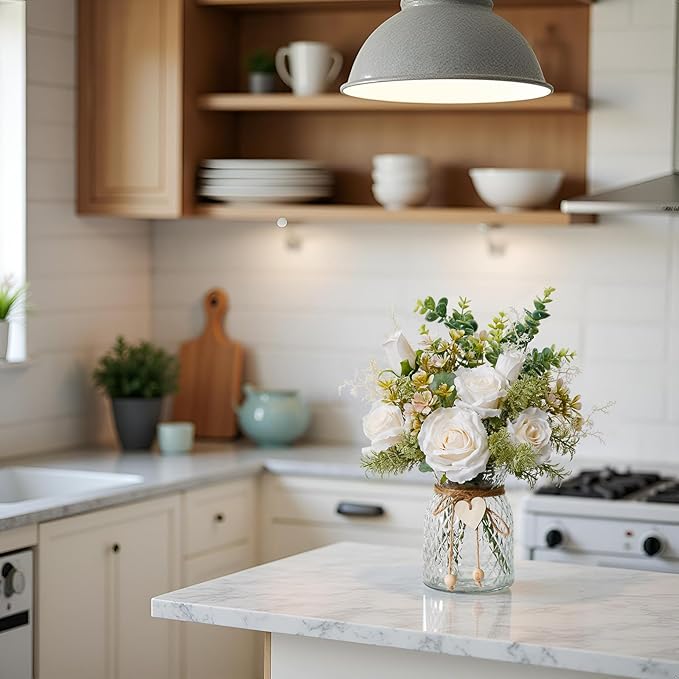 Fake Flowers in Vase,Faux Flowers for Vase,Artificial Silk Roses,Dining Table Centerpiece Decor,Flower Arrangements for Home Decor,Kitchen Decor