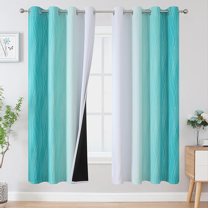 Estelar Textiler Grayish White and Teal Blackout Curtains for Living Room, Ombre Thermal Insulated Noise Reducing Blackout Drapes for Bedroom, Room Darkening Grommet Curtains, 52Wx72L, 2 Panels