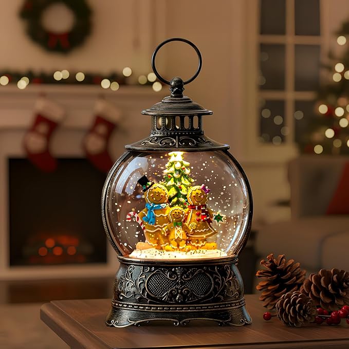 Christmas Snow Globe Lantern Water Glittering Gingerbread Family with Music& Timer, USB Lined/Battery Operated Lighted Lantern for Christmas Festival Decoration Gifts