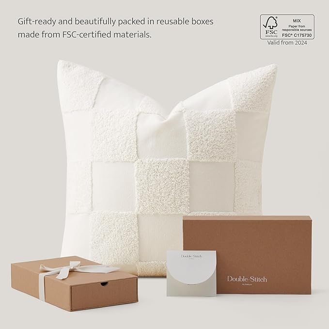 Double Stitch 100% Cotton Throw Pillow Covers - Checkered Tufted Boho Decorative Pillow Covers 18x18, Made in India, Square Cushion Case, Modern Home Decor for Couch, Sofa, Living Room, Cream