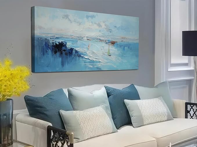 Ardemy Blue Abstract Wall Art for Living Room Coastal Sailboat Textured Bedroom Wall Decor，Bathroom Pictures Wall Decor Modern Artwork Home Office Kitchen Dining 40"x20"