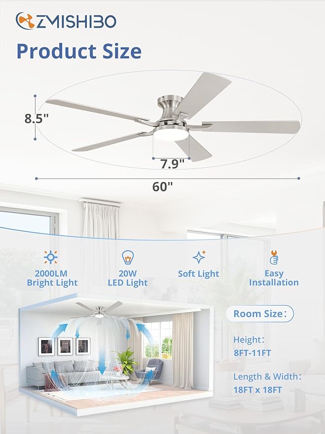 ZMISHIBO 60 Inch Ceiling Fan with Light, App&Remote Control, Flush Mount Low Profile, Dimmable 20W LED Light, Quiet Reversible Motor for Bedroom, Living Room, Apartment, Nickel