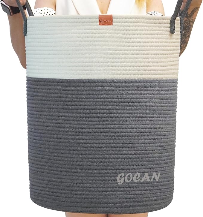 large tall sturdier Laundry Hamper Basket Woven Storage Baskets for clothes Pillows Blanket Toy in living or bed room decoration H50XD38cm grey/beige