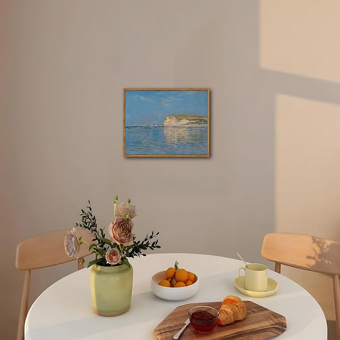 Framed Monet Coastal Wall Art Decor – Impressionist Beach Oil Painting Canvas Prints – Vintage Beachy Landscape Classic Aesthetic Wall Decor for Living Room Bedroom Bathroom – 10"x8"