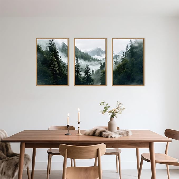HOURIA Boho Forest Mountain Framed Canvas Wall Art Set,Nature Foggy Woodland Ridge Wall Decor,Misty Pine Tree Artwork,Sage Green Botanical Art Prints for Living Room, Bedroom, Farmhouse-16 x24 x3