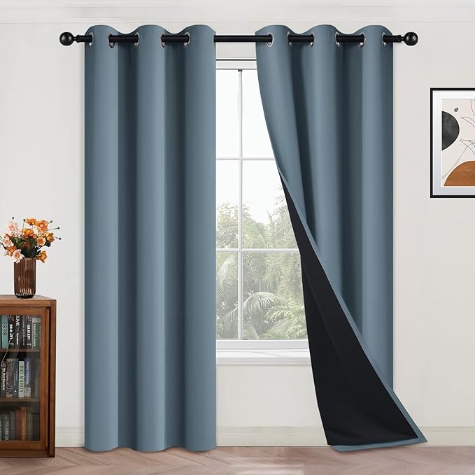 Yakamok Full Blackout Curtains 84 Inches Long,Blackout Curtain Panels for Bedroom, 2 Thick Layers Grommet Top Thermal Insulated Drapes with Black Liner for Living Room(Stone Blue, Set of 2)