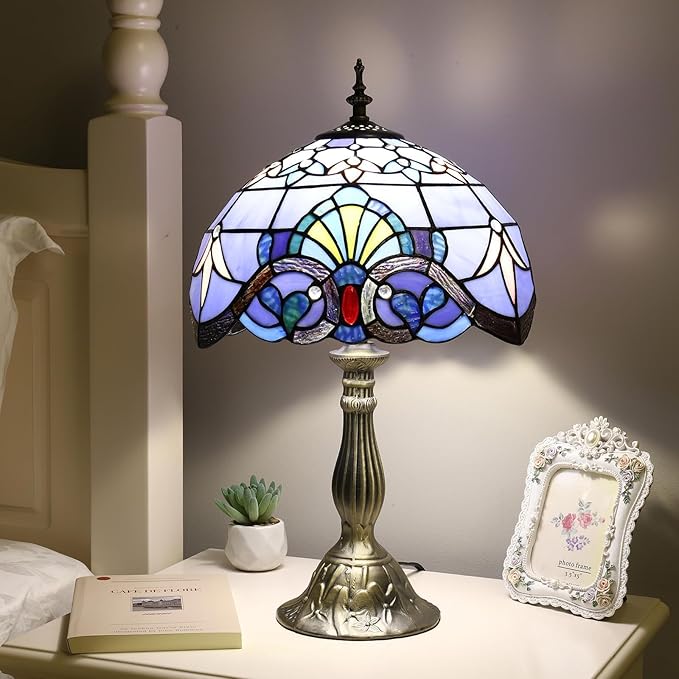 YingJu Tiffany Lamp,Blue Stained Glass Lamp,12X12X19 Inches Vintage Table Lamp for Bedroom,Living Room,Home Office（Including 2 LED Bulbs）