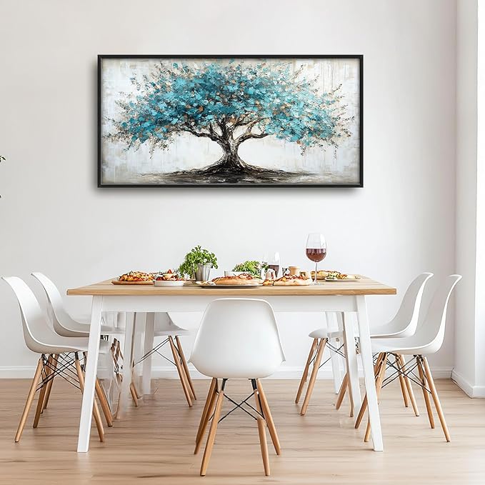 Flintis Large Tree of Life Framed Wall Art Teal Blue Tree Pictures Wall Decor Abstract Natural Landscape Canvas Painting Print Artworks Framed for Living Room Bathroom Master Bedroom 60L X 30W