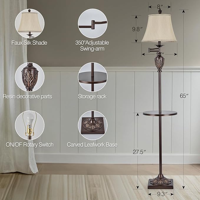 Traditional LED Floor Lamp with 350° Adjustable Swing Arm Lamp – Vintage Standing Pole lamp for Living Room, Bedroom and Office – Rustic Upright Floor Light for Home Décor with Silk Fabric Shade