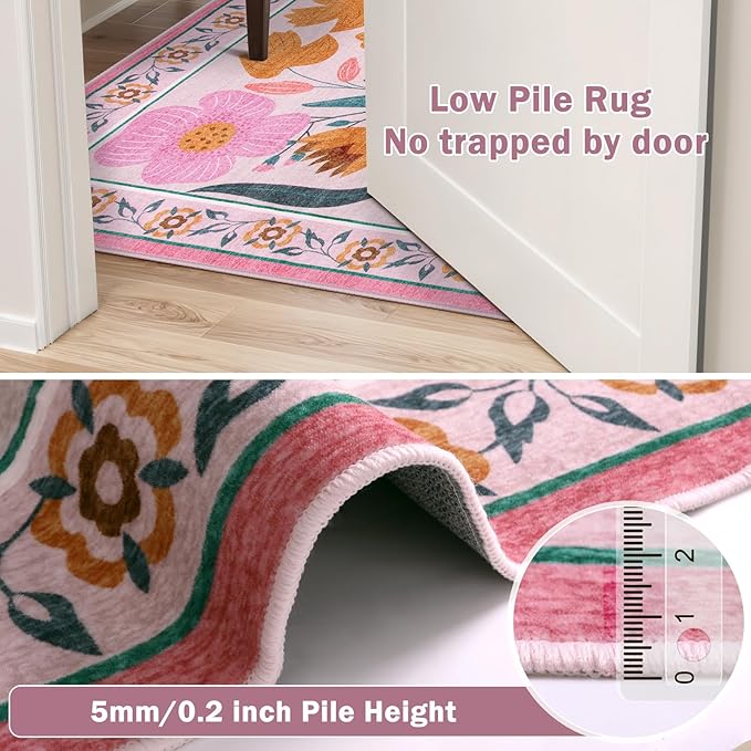 Beeiva Pink Flower 5x7 Rugs for Bedroom Girls, Nursery Rug for Dorm Carpet with Low-Pile Non Slip, Soft Floral Indoor Ultra-Thin Carpet for Classroom Living Dining Room Décor (Pink,5'x7')