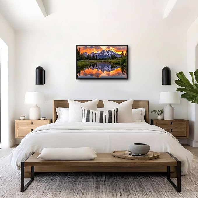 Large Mountain Lake Wall Art for Living Room, Forest Tree Canvas Wall Decor, Sunset Pictures Framed Painting, Natural Landscape Artwork for Bedroom Office 36L'' × 24W''