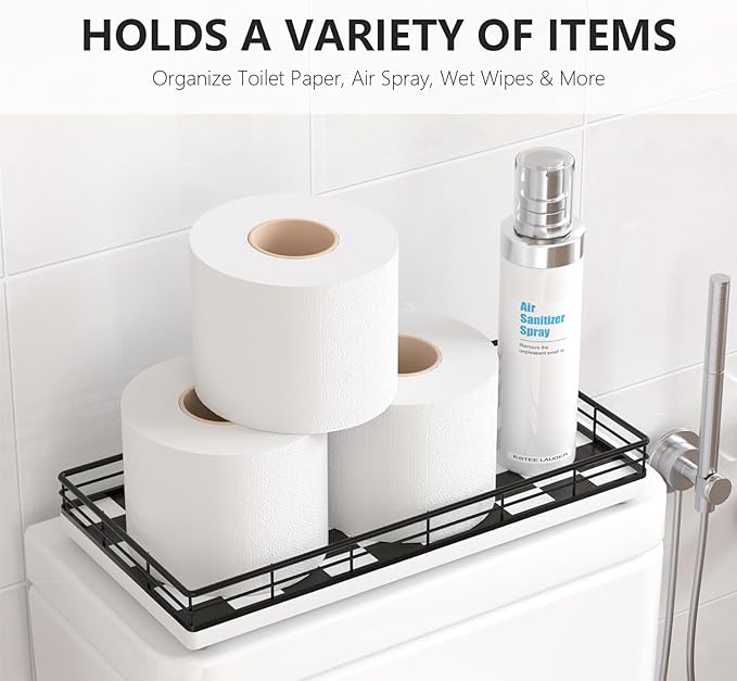 Toilet Tank Tray Organizer – Oak Wood Bathroom Counter Basket with Metal Frame, Back of Toilet or Tank Top Paper Holder Storage – Black & White Modern Decor