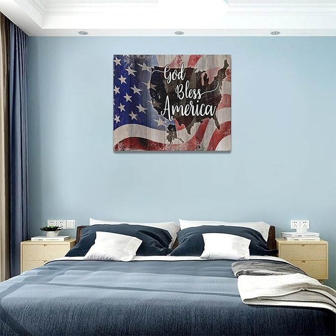 Large American Flag and USA Map Wall Art Rustic United States Map Pictures Wall Decor God Bless America Canvas Painting Print Home Decor Artwork Framed for Living Room Bathroom Master Bedroom 20"x16"